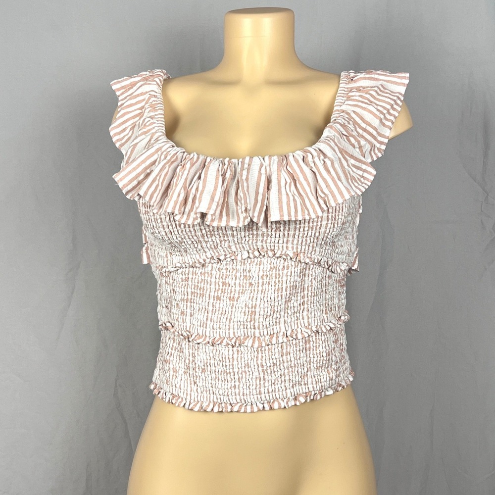 Anthropologie Smocked Ruffle Crop Top Womens XS Striped‎ Tan White Tie Back Boho
